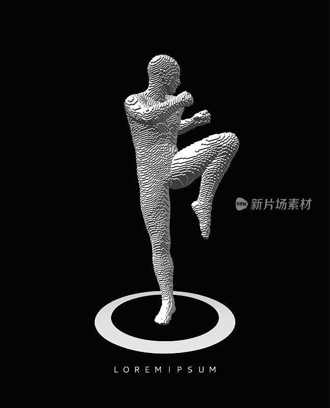 跆拳道选手准备做高踢。自由搏击选手小雕像。成功与胜利的理念。体素的艺术。3 d矢量插图。
